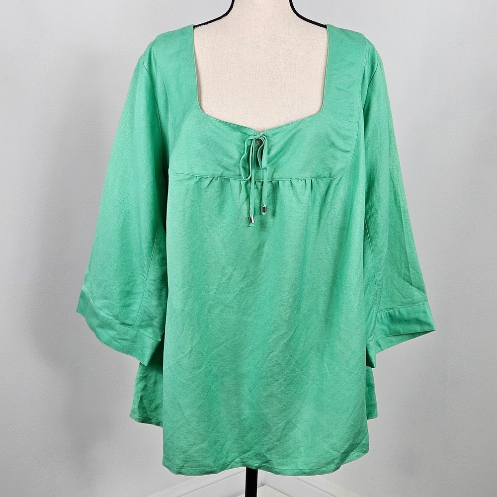 Lane Bryant Tunic Top Womens 26/28 Green Linen Blend 3/4 Sleeve Front Tie